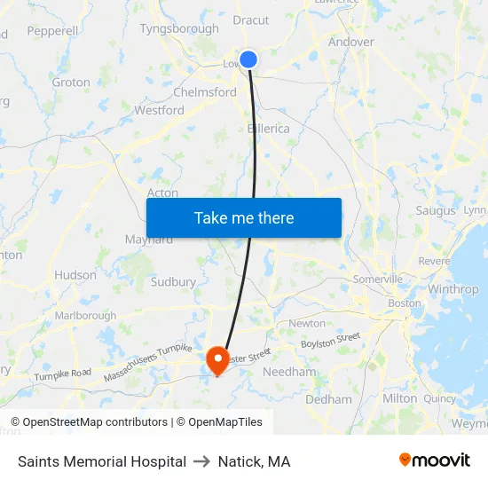 Saints Memorial Hospital to Natick, MA map