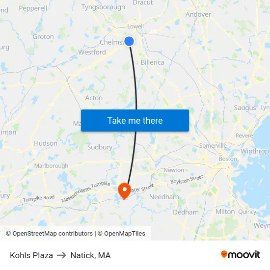 Kohls Plaza to Natick, MA map
