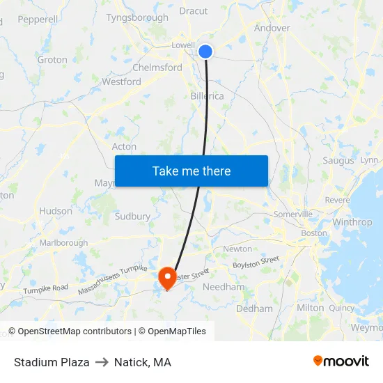Stadium Plaza to Natick, MA map