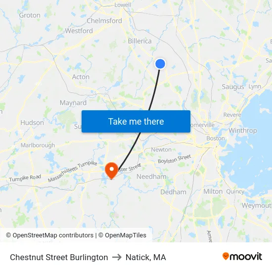Chestnut Street Burlington to Natick, MA map