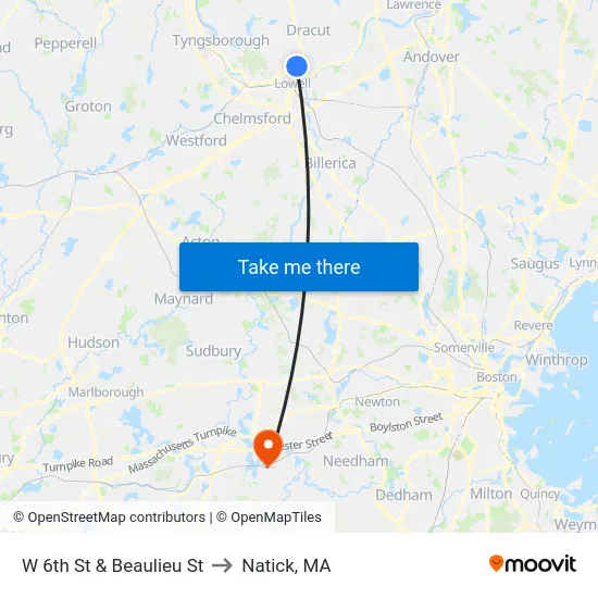 W 6th St & Beaulieu St to Natick, MA map