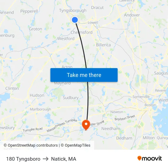 180 Tyngsboro to Natick, MA map