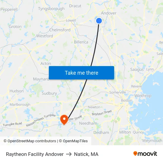 Raytheon Facility Andover to Natick, MA map