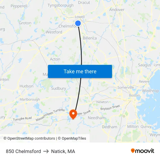 850 Chelmsford to Natick, MA map