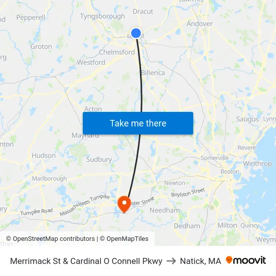 Merrimack St & Cardinal O Connell Pkwy to Natick, MA map