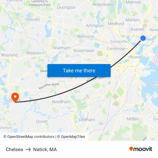 Chelsea to Natick, MA map