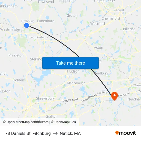 78 Daniels St, Fitchburg to Natick, MA map