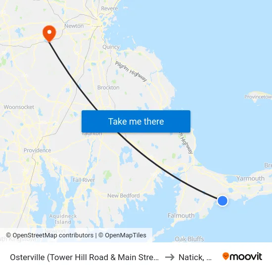 Osterville (Tower Hill Road & Main Street) to Natick, MA map