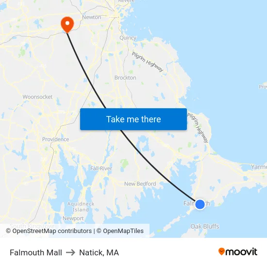 Falmouth Mall to Natick, MA map