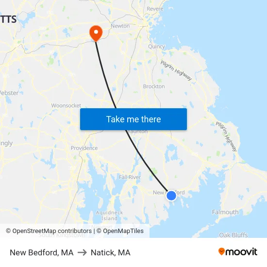 New Bedford, MA to Natick, MA map