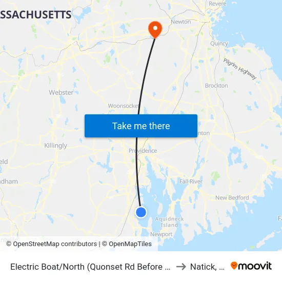Electric Boat/North (Quonset Rd Before Dillabur) to Natick, MA map