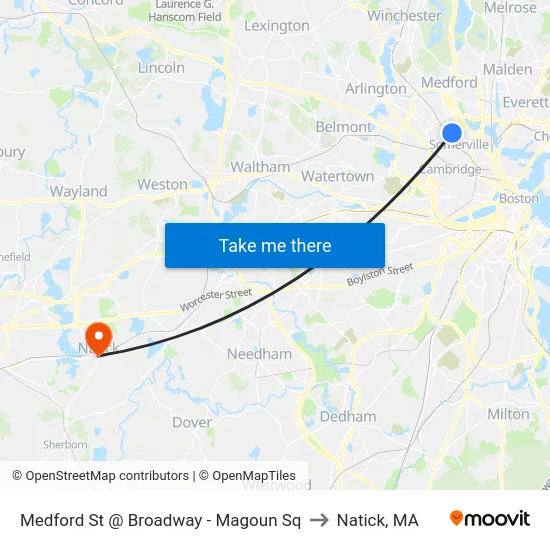 Medford St @ Broadway - Magoun Sq to Natick, MA map