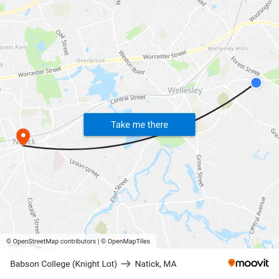 Babson College (Knight Lot) to Natick, MA map