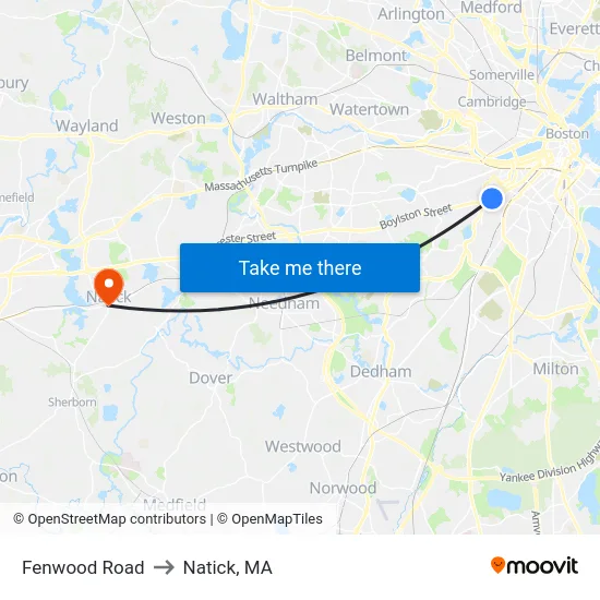 Fenwood Road to Natick, MA map