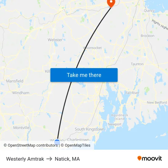 Westerly Amtrak to Natick, MA map