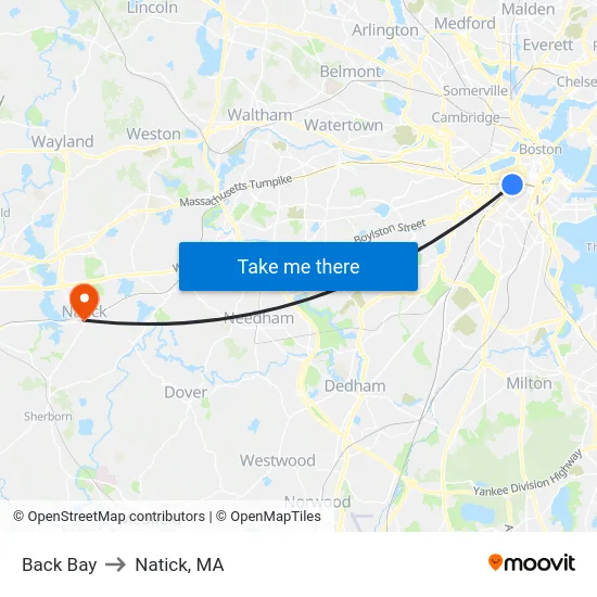 Back Bay to Natick, MA map