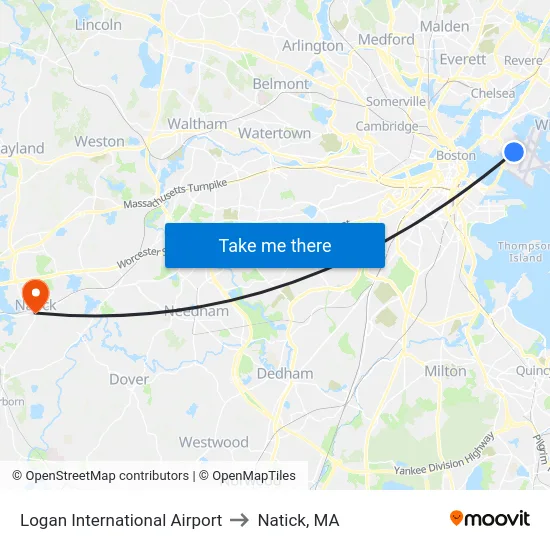 Logan International Airport to Natick, MA map
