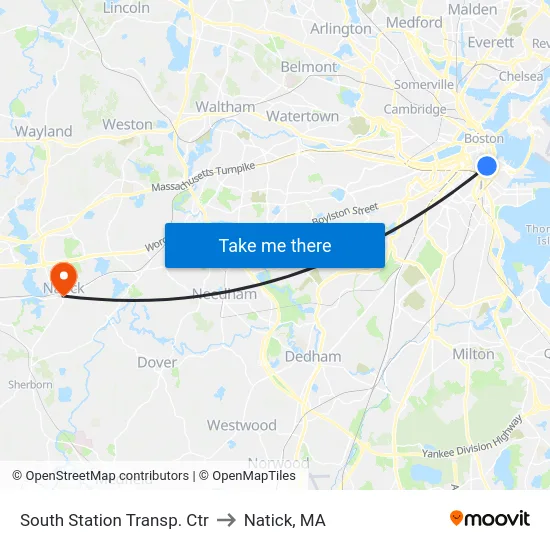 South Station Transp. Ctr to Natick, MA map