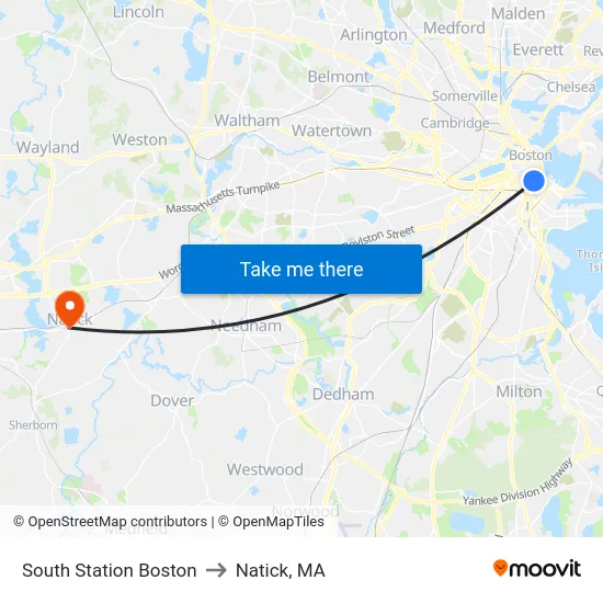 South Station Boston to Natick, MA map