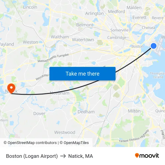 Boston (Logan Airport) to Natick, MA map