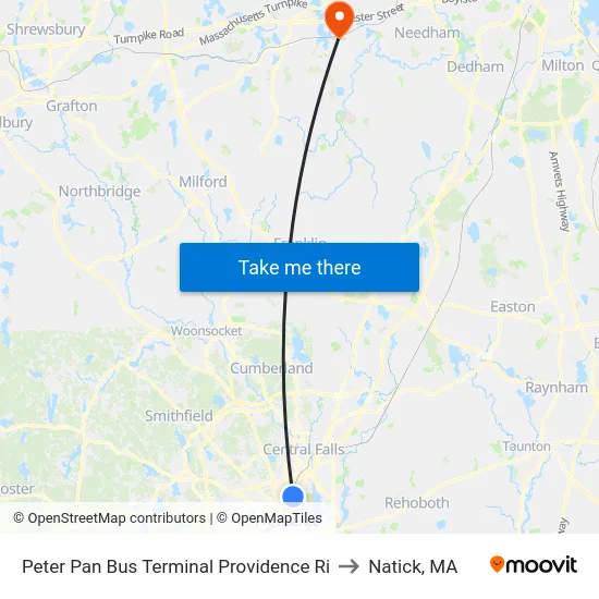 Peter Pan Bus Terminal Providence Ri to Natick, MA map