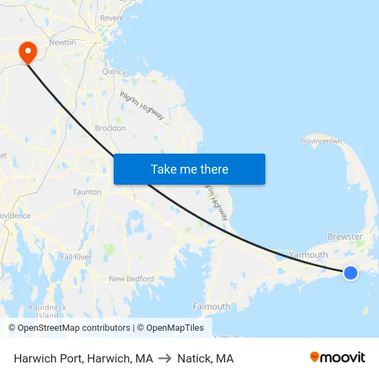 Harwich Port, Harwich, MA to Natick, MA map