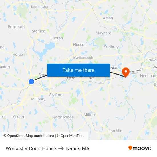 Worcester Court House to Natick, MA map