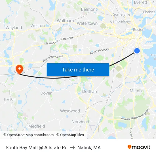 South Bay Mall @ Allstate Rd to Natick, MA map