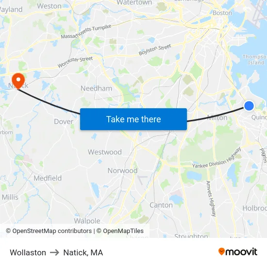 Wollaston to Natick, MA map