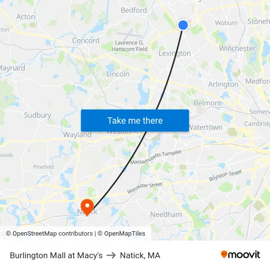 Burlington Mall at Macy's to Natick, MA map