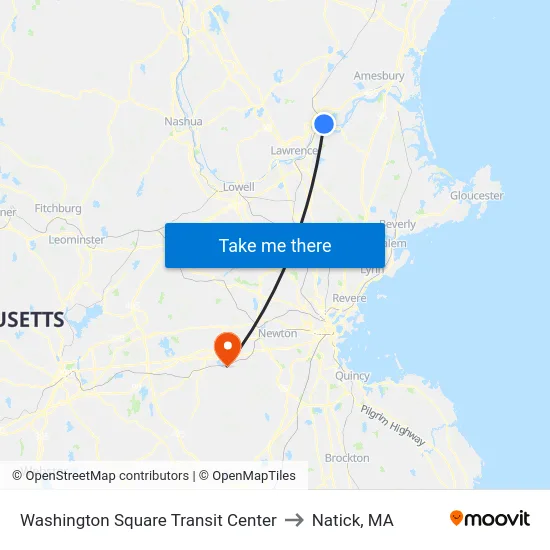 Washington Square Transit Center to Natick, MA map