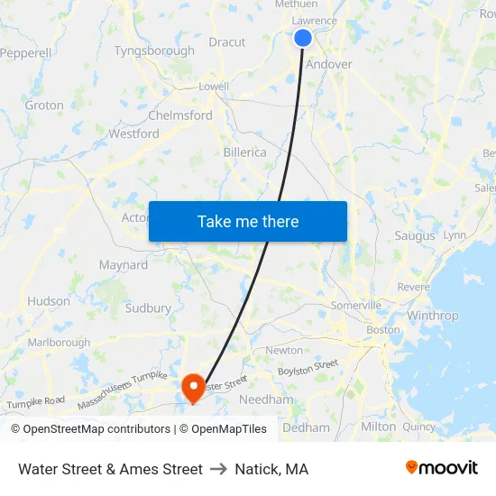 Water Street & Ames Street to Natick, MA map