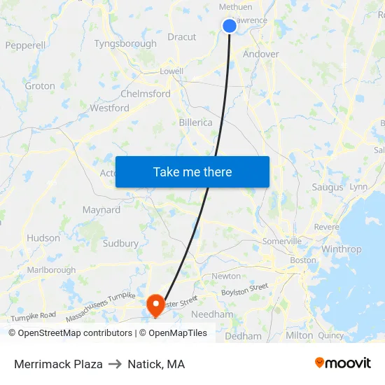 Merrimack Plaza to Natick, MA map