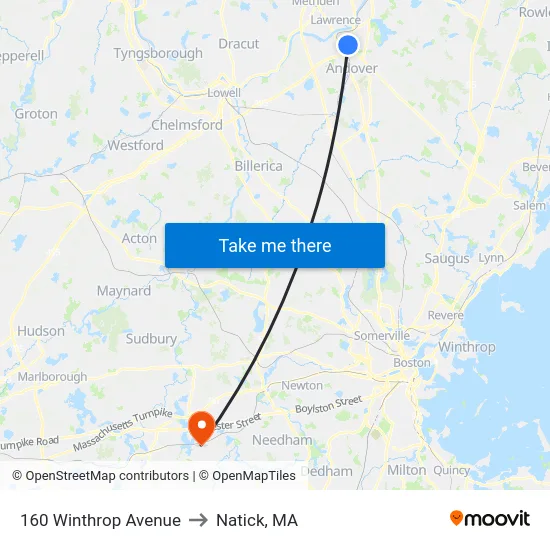 160 Winthrop Avenue to Natick, MA map
