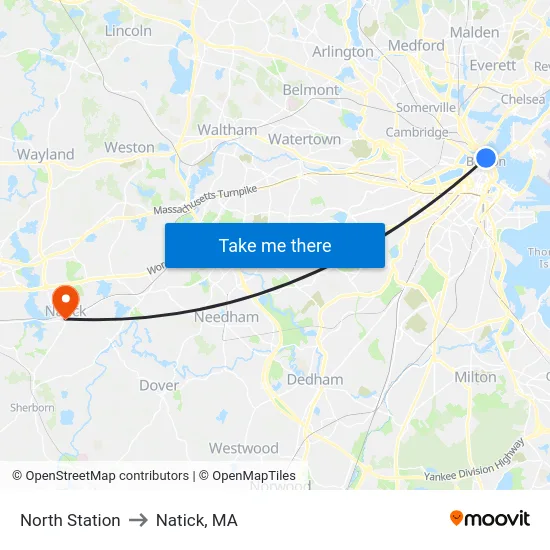 North Station to Natick, MA map
