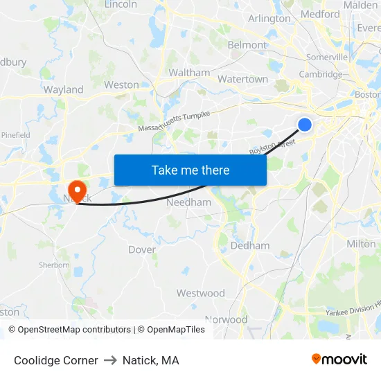 Coolidge Corner to Natick, MA map