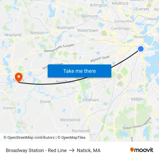 Broadway Station - Red Line to Natick, MA map
