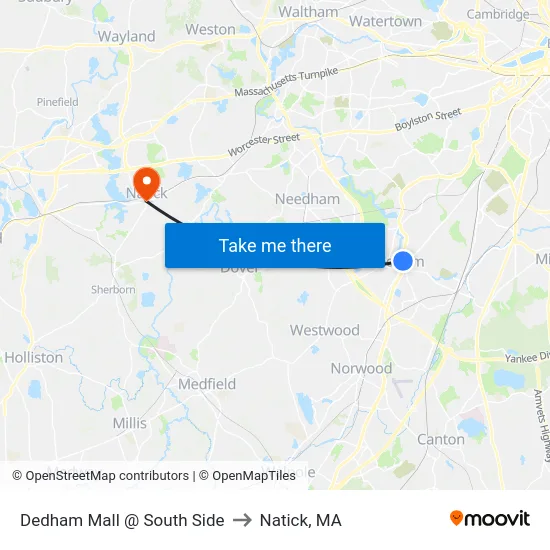 Dedham Mall @ South Side to Natick, MA map
