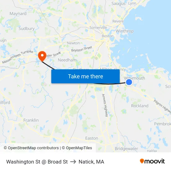 Washington St @ Broad St to Natick, MA map