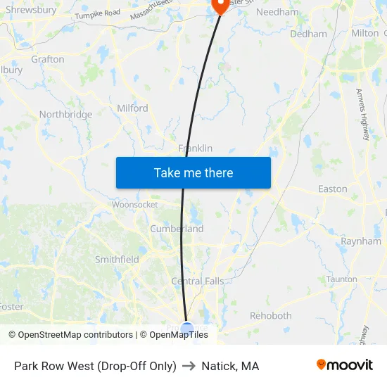Park Row West (Drop-Off Only) to Natick, MA map
