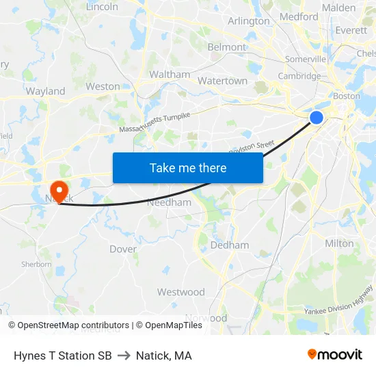 Hynes T Station SB to Natick, MA map