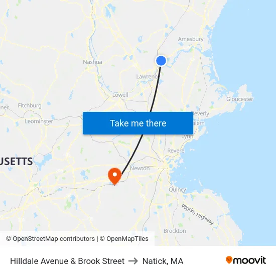 Hilldale Avenue & Brook Street to Natick, MA map