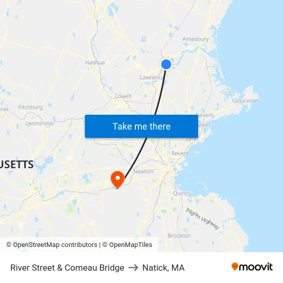 River Street & Comeau Bridge to Natick, MA map