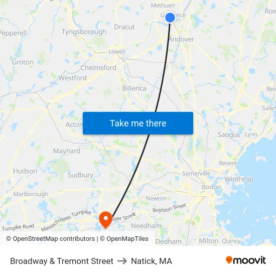 Broadway & Tremont Street to Natick, MA map