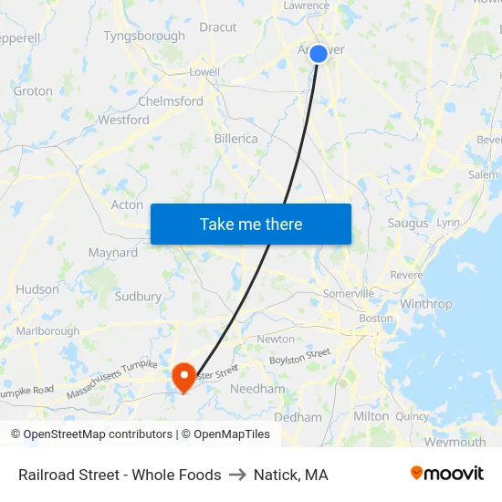 Railroad Street - Whole Foods to Natick, MA map