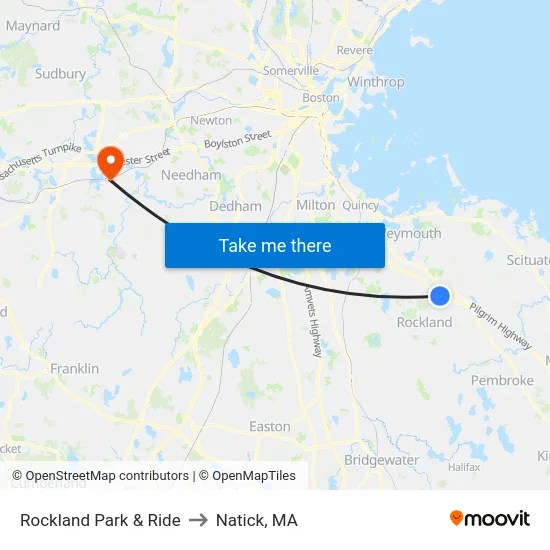 Rockland Park & Ride to Natick, MA map