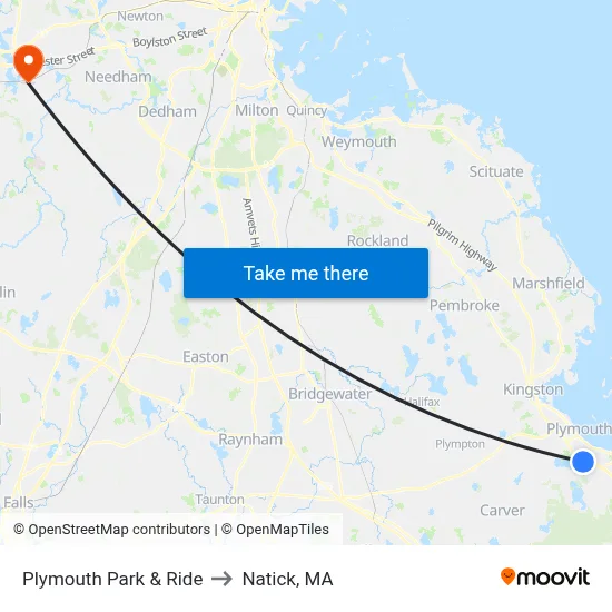 Plymouth Park & Ride to Natick, MA map