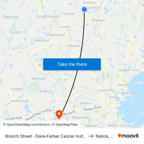 Branch Street - Dana-Farber Cancer Institute to Natick, MA map