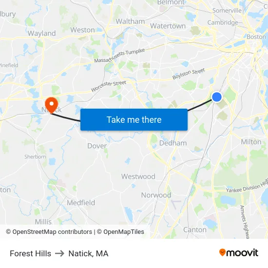 Forest Hills to Natick, MA map