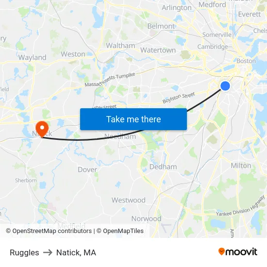 Ruggles to Natick, MA map